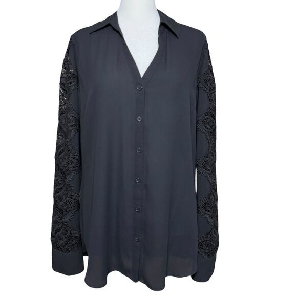 Express‎ Portofino Shirt Women M Black Lace Classic Office Career Work Capsule - Picture 1 of 10